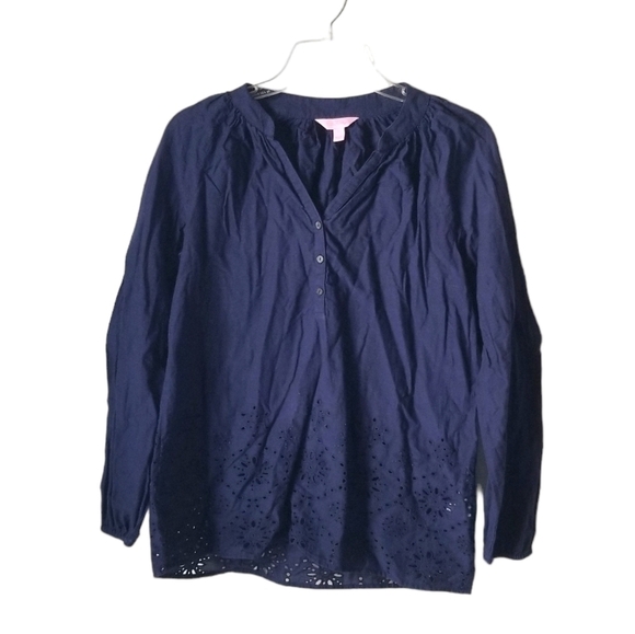 Lilly Pulitzer Navy Linen Blouse with Perforated Floral Detail Size XS - Picture 1 of 9